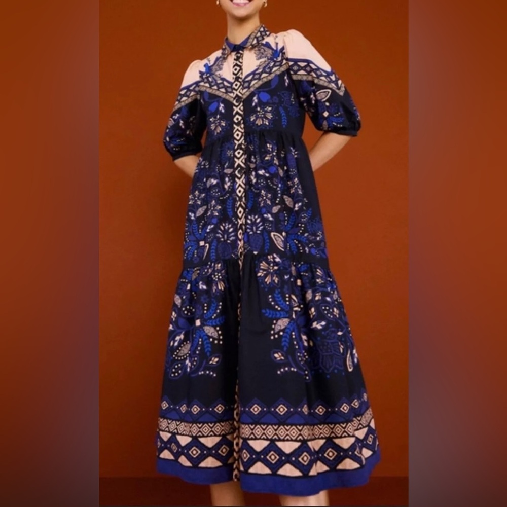 FARM Rio Black Macaw Forest Blue & Tan Midi Dress. Size Small.